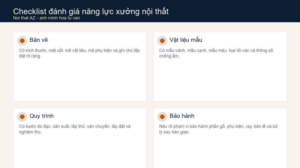 Checklist đánh giá xưởng nội thất gỗ công nghiệp trước khi đặt sản xuất