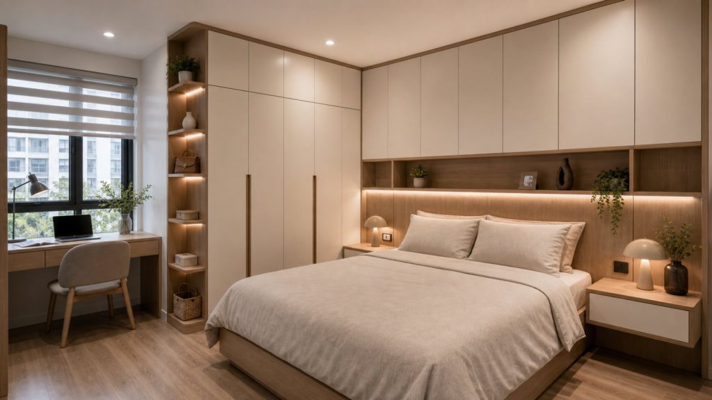 Ảnh bàn ăn và tủ lưu trữ trong dự án Nội thất căn hộ bàn giao thô Hoàng Mai