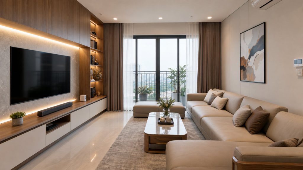 Ảnh phòng khách nhỏ trong dự án Thi công nội thất căn hộ studio Cầu Giấy