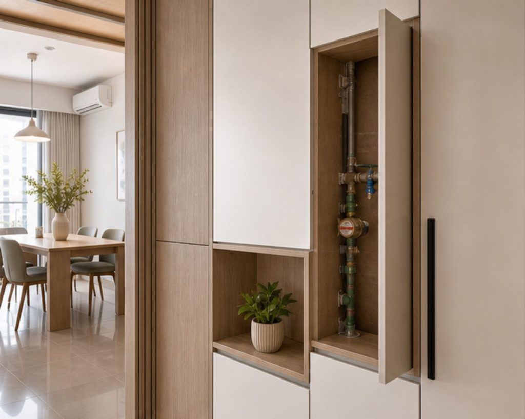 Ảnh hộp kỹ thuật được che bằng tủ trong dự án Cải tạo nội thất căn hộ đã sử dụng 5 năm