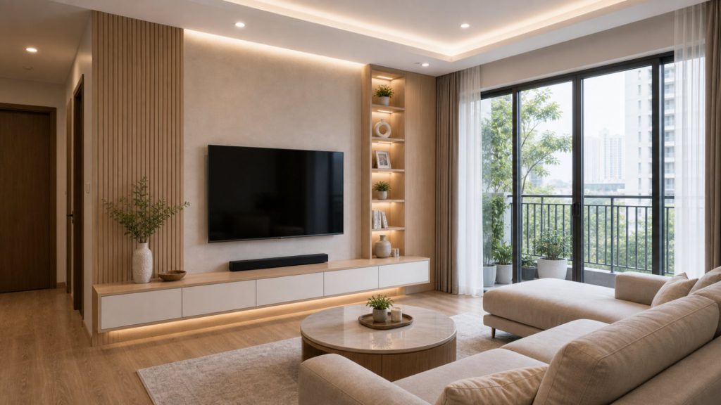 Chi tiết tủ áo căn hộ 2 phòng ngủ với cánh trượt, ngăn kéo và kệ mở