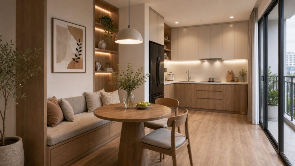 Chi tiết tủ bếp căn hộ 2 phòng ngủ với tủ chữ L, mặt đá trắng và đèn LED dưới tủ