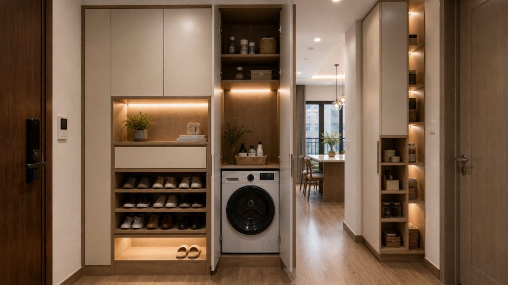 Góc bàn ăn căn hộ 2 phòng ngủ với bàn tròn nhỏ, ghế gỗ và hệ tủ lưu trữ cạnh bếp