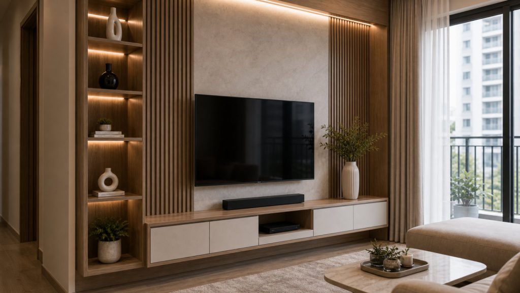 Tủ giặt và tủ lưu trữ căn hộ 2 phòng ngủ với máy giặt âm tủ và kệ đồ cao