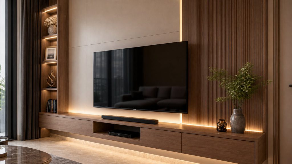 Ảnh chi tiết vách TV phòng khách trong dự án Nội thất phòng khách nhà ống Hà Đông