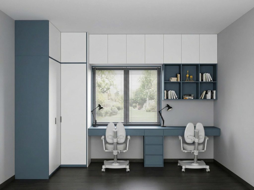 Góc làm việc trong phòng ngủ chung cư với tủ treo xanh