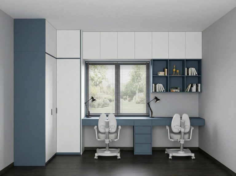 Góc làm việc nhỏ trong phòng ngủ với tủ treo