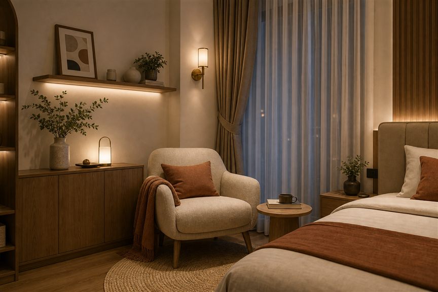 Góc thư giãn trong phòng ngủ vợ chồng mới cưới với ghế đơn và đèn tường