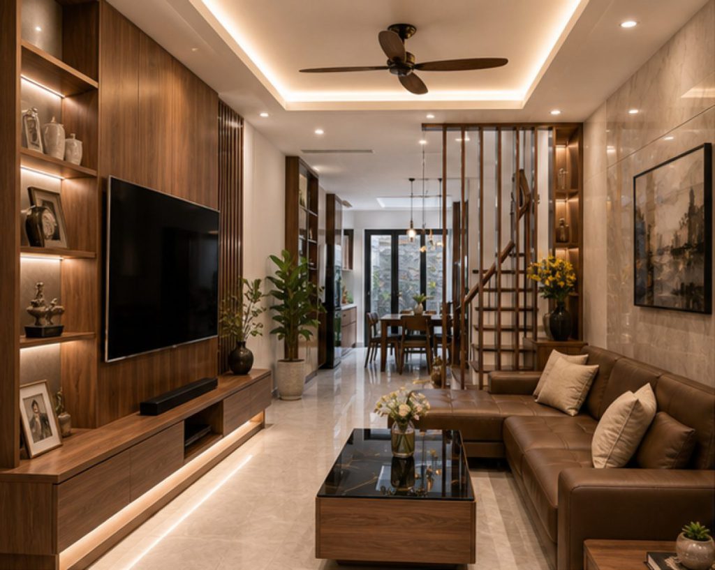 Ảnh phòng khách nhà phố Thanh Xuân trong dự án Hoàn thiện nội thất nhà phố 3 tầng Thanh Xuân