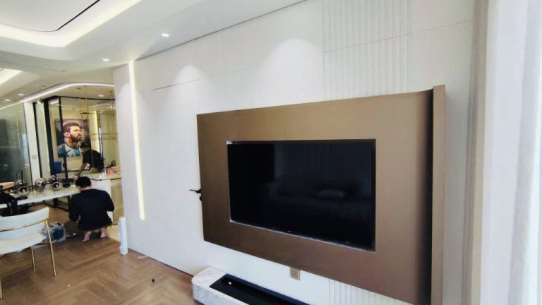 Hoàn thiện phòng khách gỗ óc chó veneer - phòng khách gỗ ấm