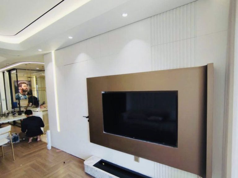Hoàn thiện phòng khách gỗ óc chó veneer - phòng khách gỗ ấm