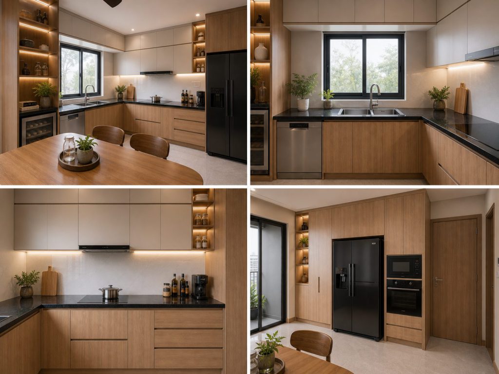 Nội thất bếp tông gỗ tự nhiên hiện đại với tủ bếp và bàn ăn đồng bộ