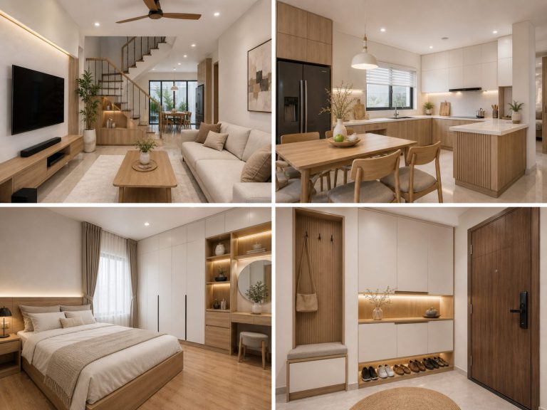 Mẫu căn hộ chung cư gỗ kem trắng hiện đại