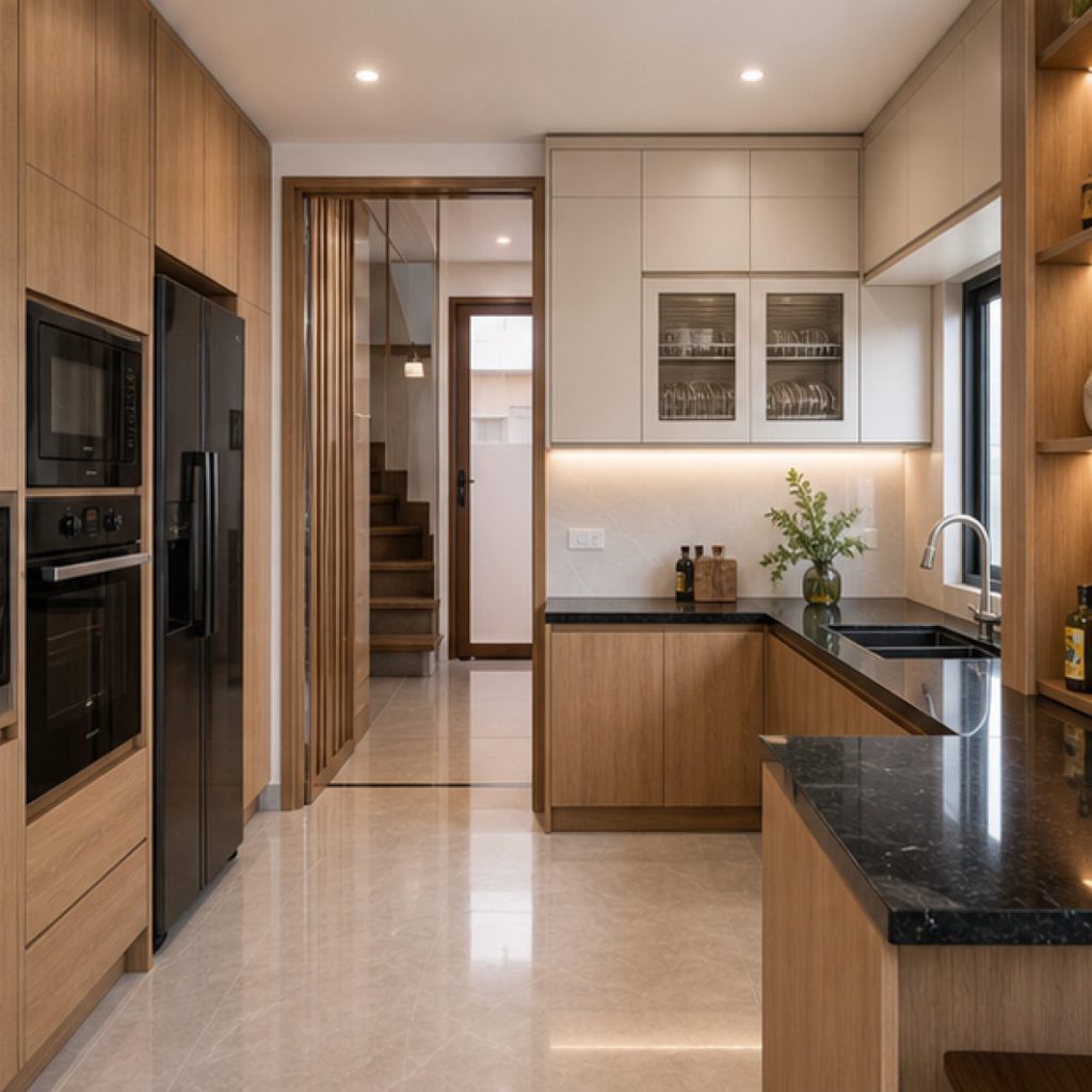 Ảnh tủ cao và lối vào bếp trong dự án Nội thất bếp gỗ công nghiệp chống ẩm Hải Hậu