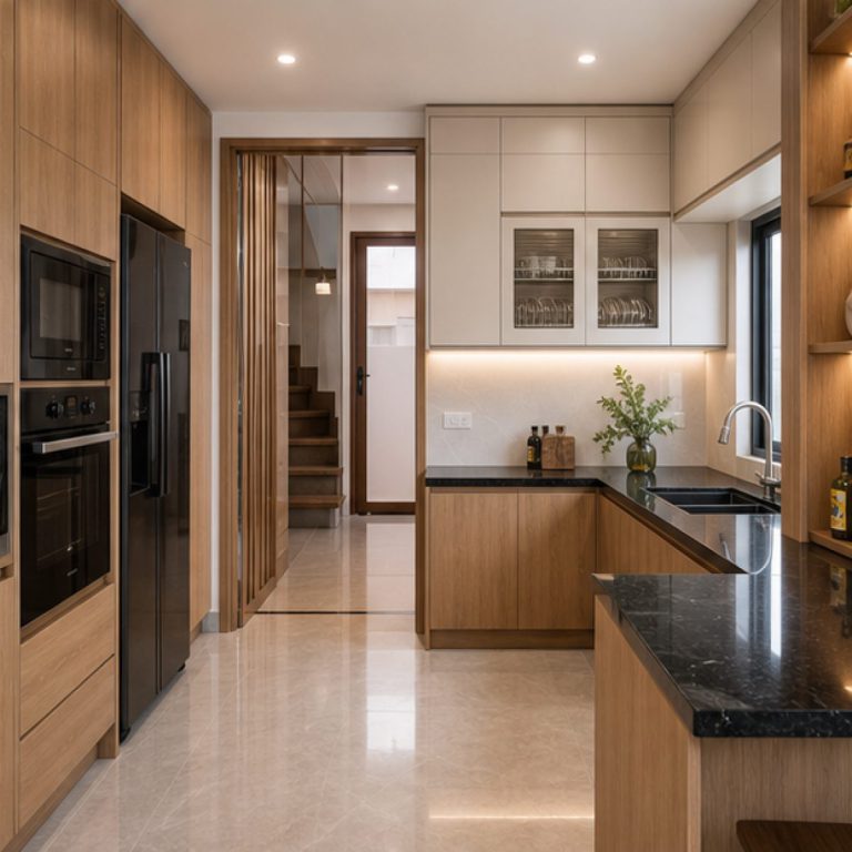 Tủ bếp hiện đại có khu bếp nấu và máy hút mùi
