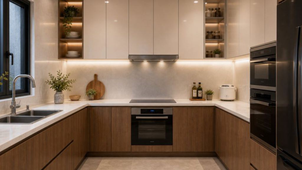Ảnh góc rộng tủ bếp trong dự án Nội thất bếp và bàn đảo căn hộ cao cấp
