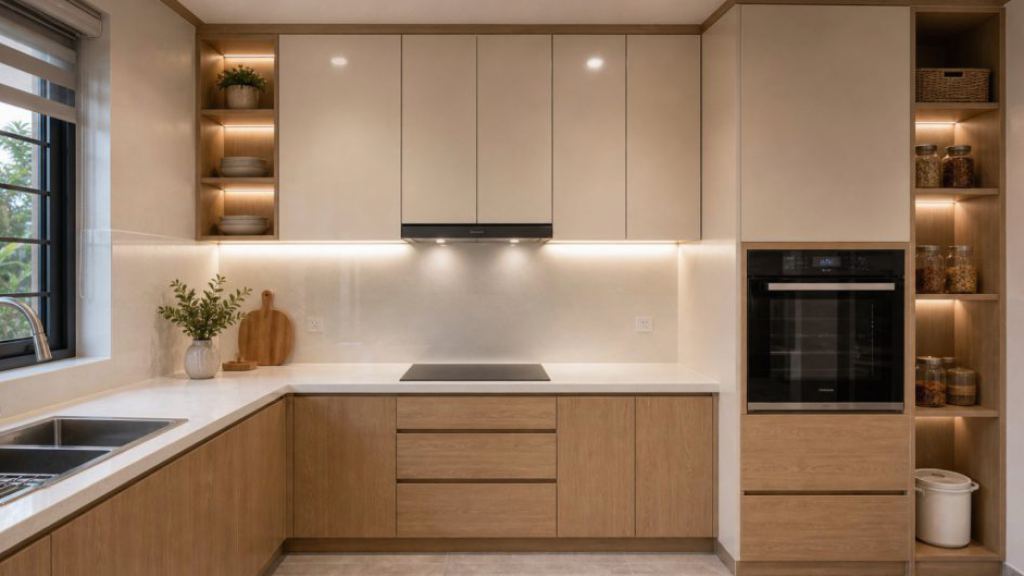 Ảnh hệ tủ cao trong bếp trong dự án Nội thất bếp và bàn đảo căn hộ cao cấp