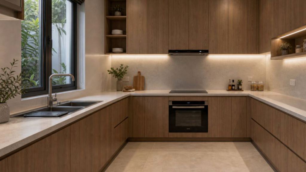 Ảnh bố cục tủ bếp chữ U trong dự án Nội thất bếp và bàn đảo căn hộ cao cấp