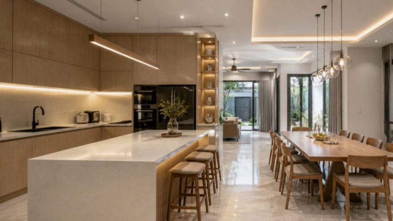 Phòng biệt thự hiện đại với nội thất gỗ và ánh sáng ấm
