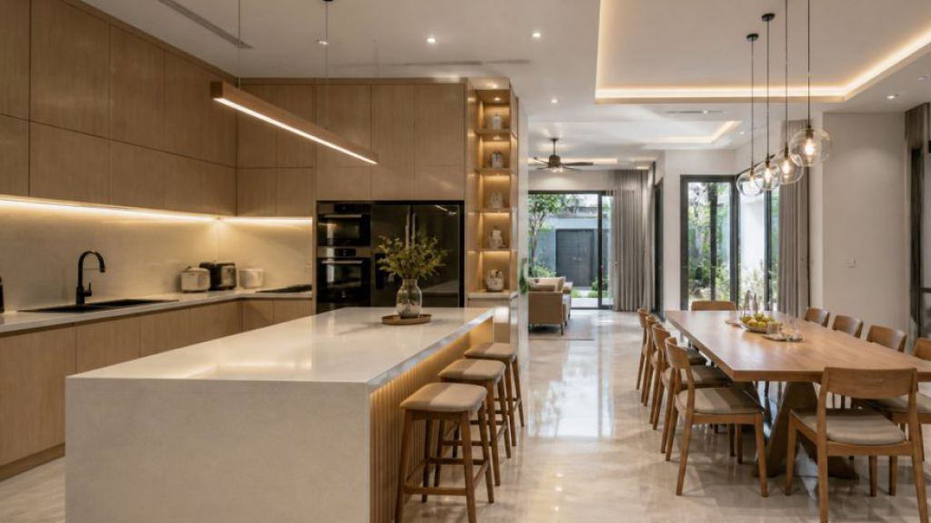 Bếp ăn biệt thự hiện đại khu đô thị mới với đảo bếp đá và hệ tủ gỗ sáng