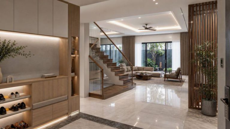 Không gian biệt thự có hệ tủ và vách gỗ hiện đại