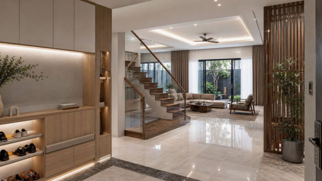 Sảnh gia đình biệt thự hiện đại với tủ giày, cầu thang kính và khu ngồi nhỏ