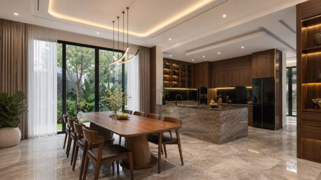 Ảnh bếp và bàn ăn biệt thự trong dự án Nội thất biệt thự mini tại Ninh Bình
