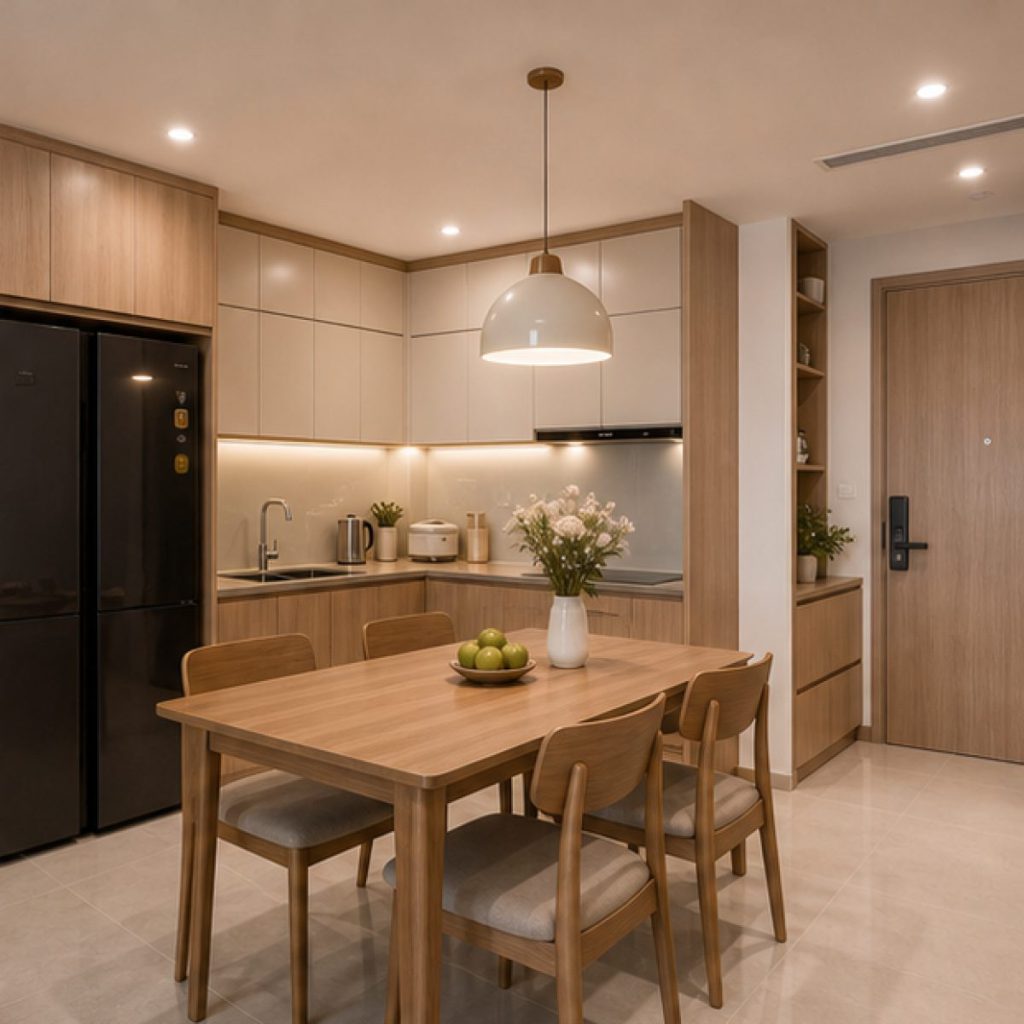 Ảnh khu bếp ăn Vinhomes trong dự án Nội thất căn hộ 2 phòng ngủ tại Vinhomes Smart City