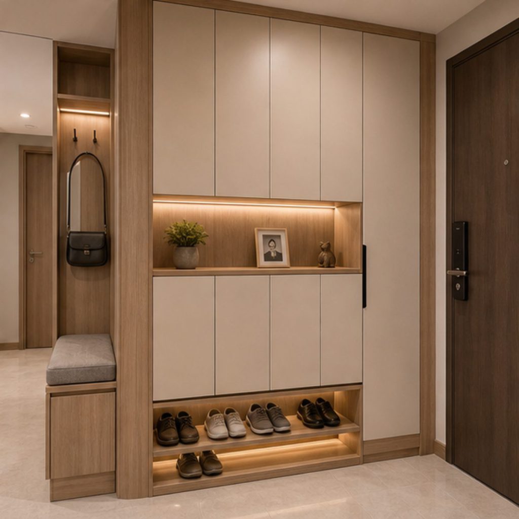 Ảnh sảnh và tủ giày Vinhomes trong dự án Nội thất căn hộ 2 phòng ngủ tại Vinhomes Smart City