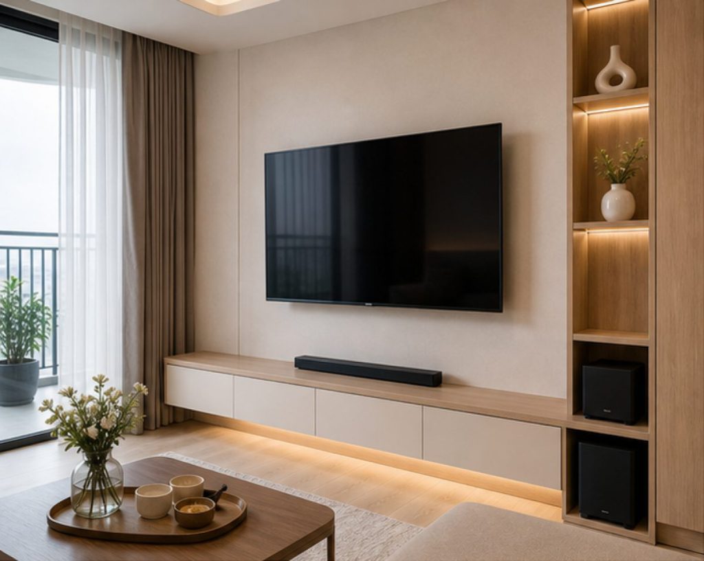 Ảnh chi tiết vách TV trong dự án Nội thất căn hộ 2 phòng ngủ tại Vinhomes Smart City