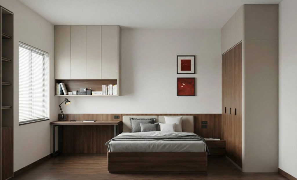 Ảnh tủ và kệ hoàn thiện 08 trong dự án Nội thất căn hộ 3 phòng ngủ phong cách tối giản