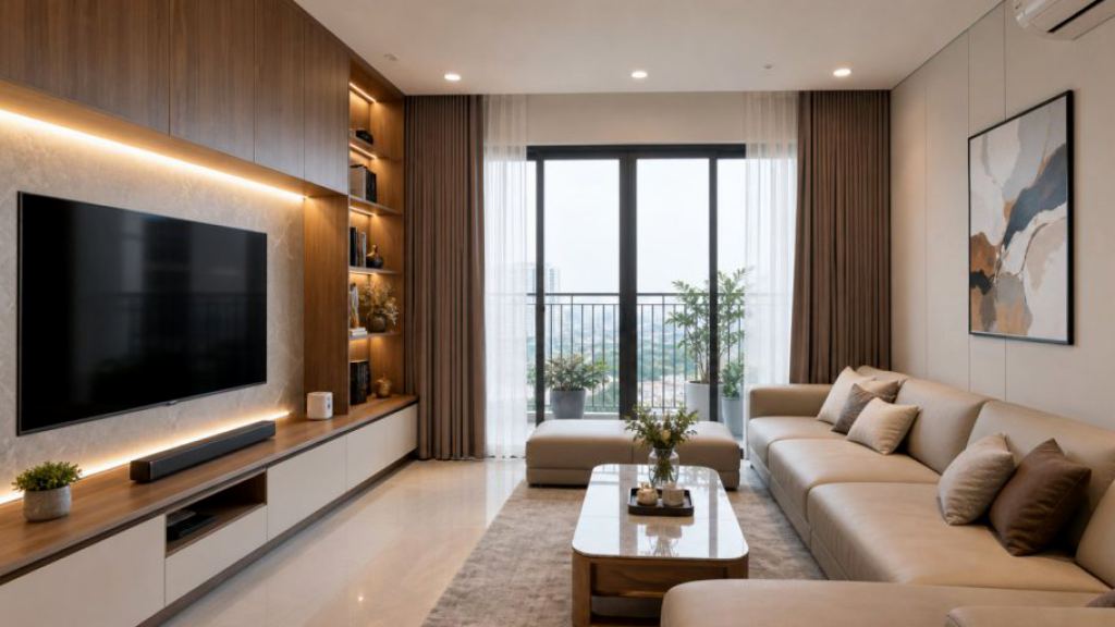 Ảnh phòng khách căn hộ sau cải tạo trong dự án Nội thất căn hộ bàn giao thô Hoàng Mai