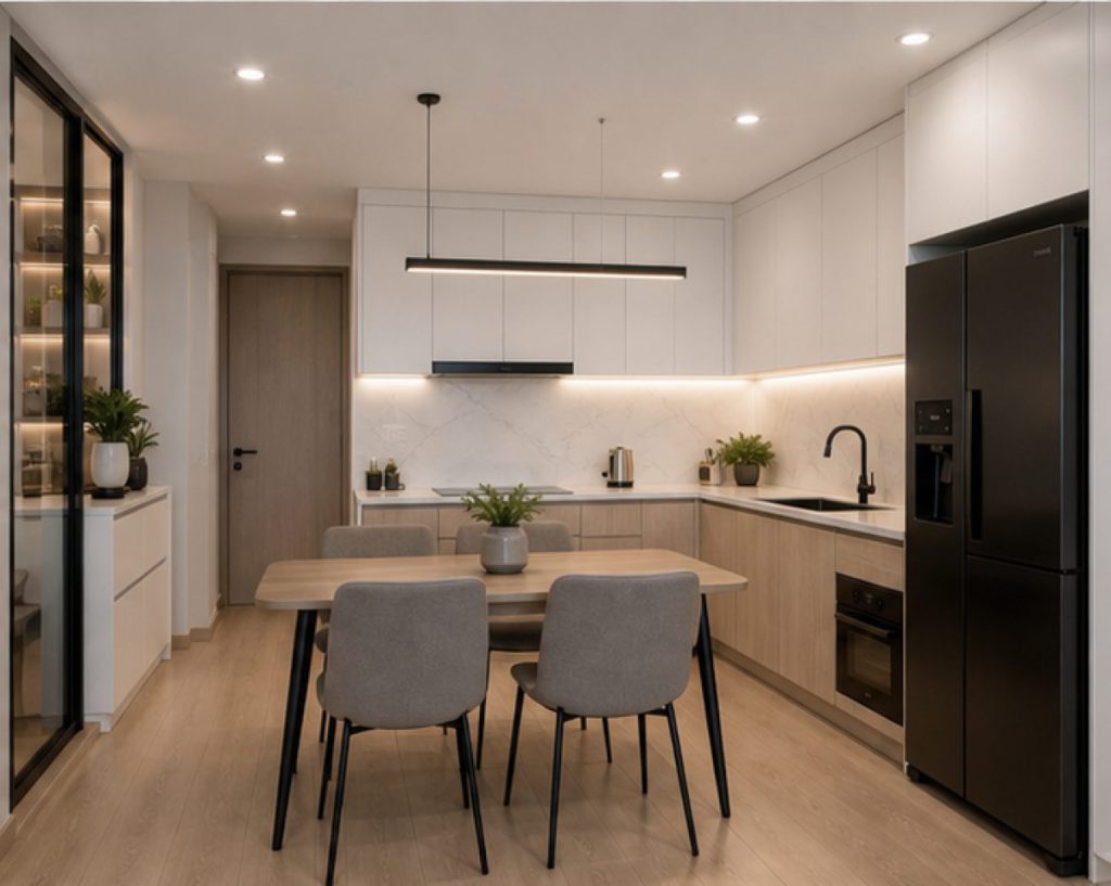 Ảnh bếp mở chung cư 70m2 trong dự án Nội thất chung cư 70m2 phong cách hiện đại