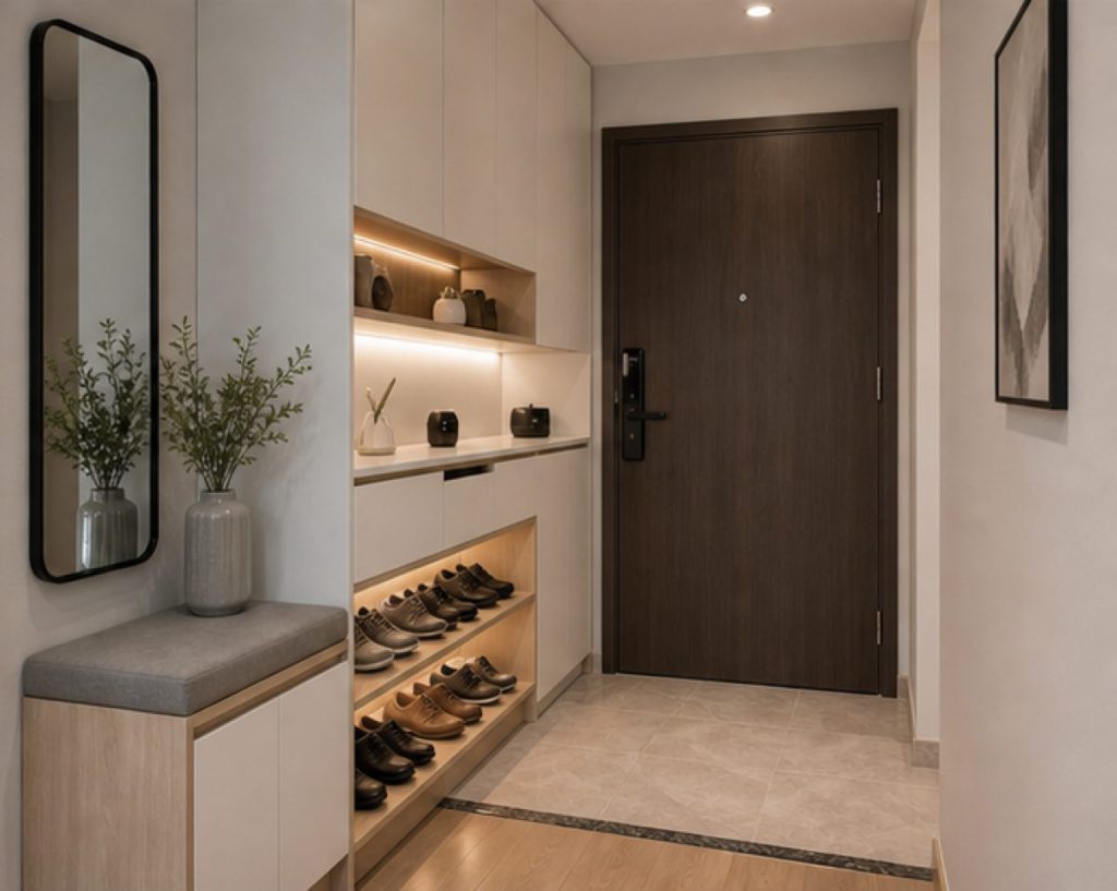 Ảnh sảnh và tủ giày 70m2 trong dự án Nội thất chung cư 70m2 phong cách hiện đại