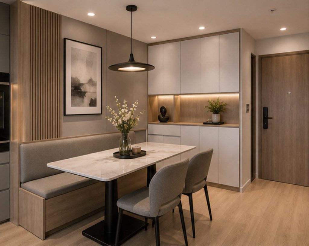 Ảnh ghế bàn ăn liền tủ trong dự án Nội thất chung cư 70m2 phong cách hiện đại