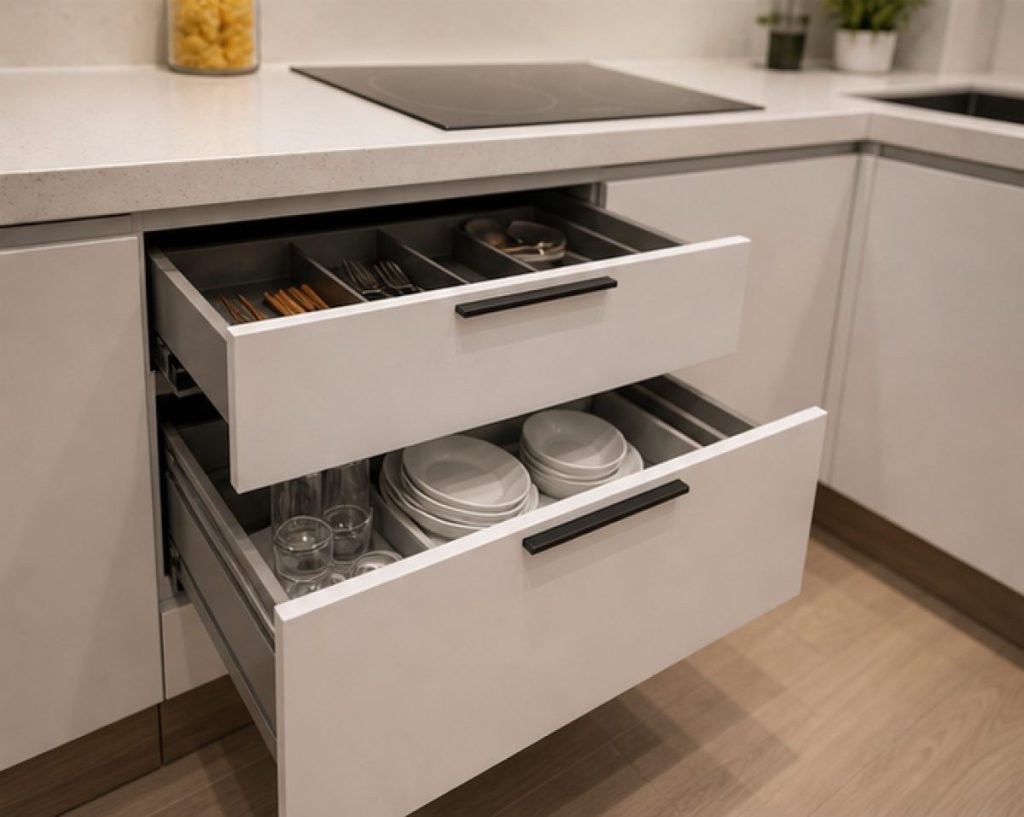 Ảnh chi tiết ngăn kéo tủ bếp trong dự án Nội thất chung cư 70m2 phong cách hiện đại