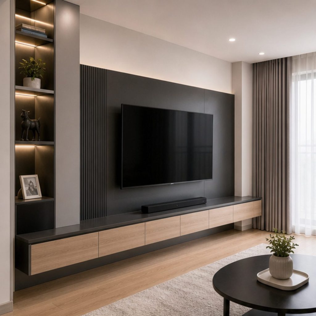 Ảnh vách TV điểm nhấn đen trong dự án Nội thất chung cư 70m2 phong cách hiện đại