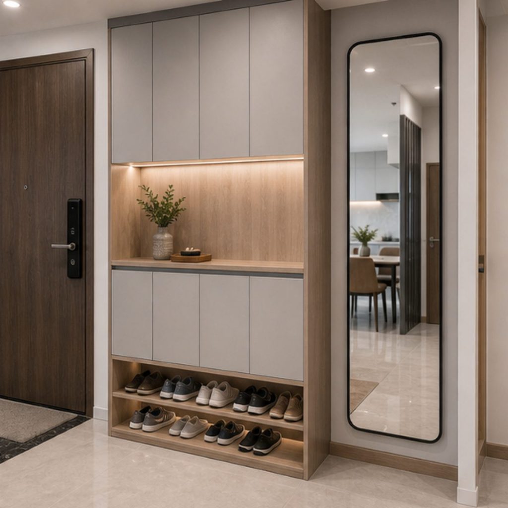 Ảnh tủ giày có gương trong dự án Nội thất chung cư 70m2 phong cách hiện đại