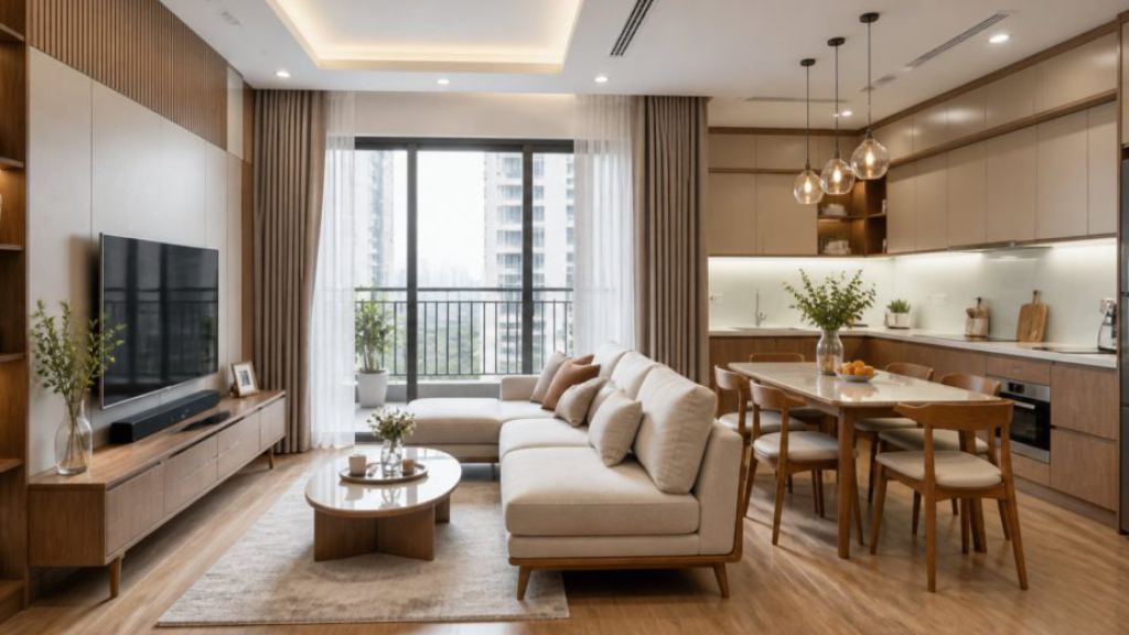 Ảnh phòng khách bếp tham chiếu trong dự án Nội thất phòng khách nhà ống Hà Đông