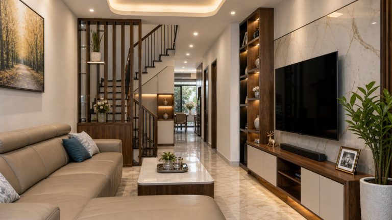 Phòng khách nhà ống có cầu thang và vách tivi gỗ