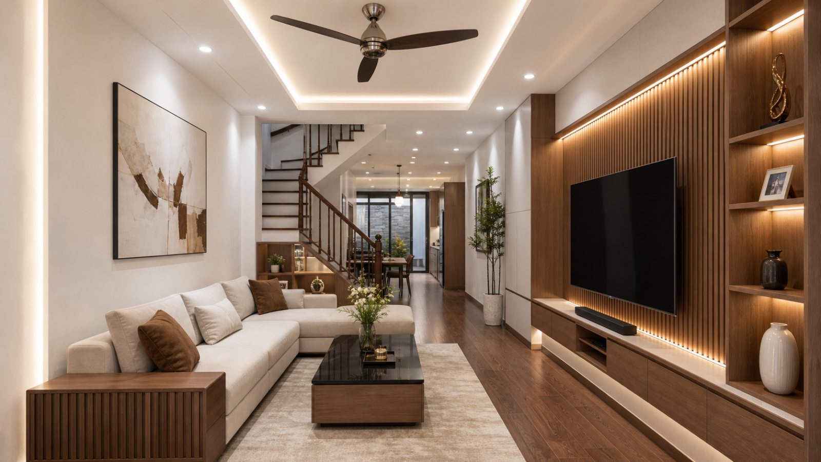 Phòng khách nhà ống hiện đại có sofa, bàn trà, vách tivi gỗ, kệ trang trí và ánh sáng hắt