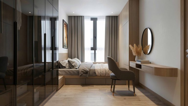Phòng ngủ chung cư có bàn trang điểm liền hệ tủ áo