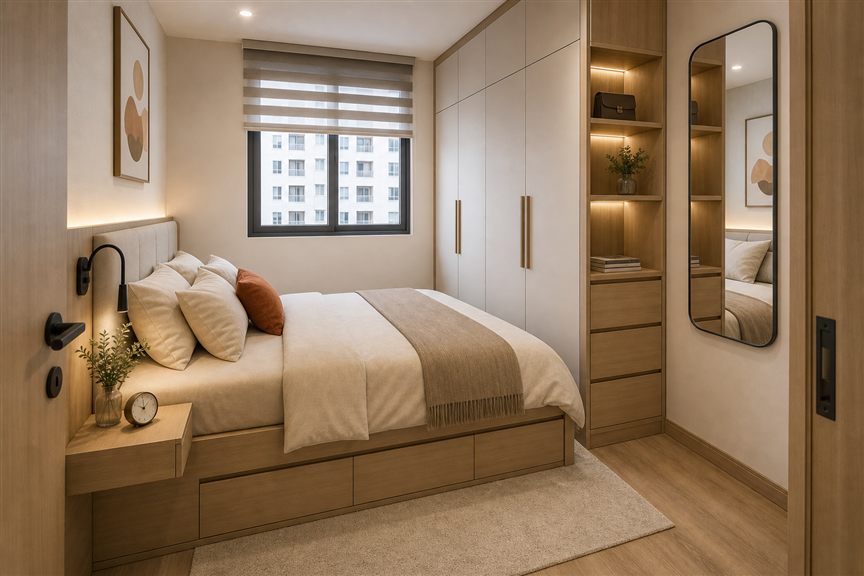 Thiết kế phòng ngủ dưới 10m2 cho vợ chồng mới cưới với giường hộc kéo