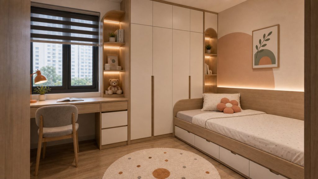 Ảnh giường tủ và bàn học trẻ em trong dự án Sản xuất giường tủ đồng bộ phòng ngủ trẻ em