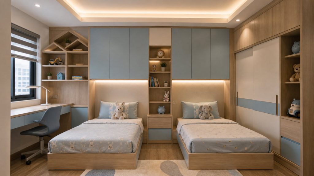 Ảnh hai giường và tủ cầu trong dự án Sản xuất giường tủ đồng bộ phòng ngủ trẻ em