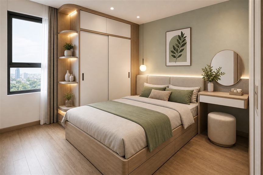 Phòng ngủ nhỏ cho vợ chồng mới cưới có giường hộc kéo, tủ áo cửa trượt và bàn trang điểm gọn