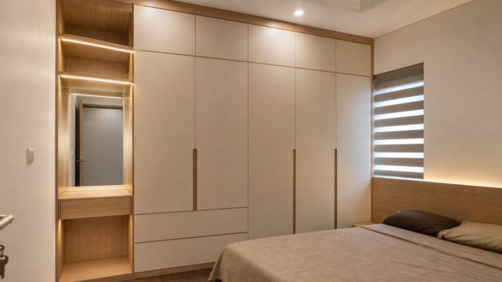 Ảnh tủ áo gương và kệ trang trí trong dự án Sản xuất tủ áo âm tường phòng ngủ Ninh Bình
