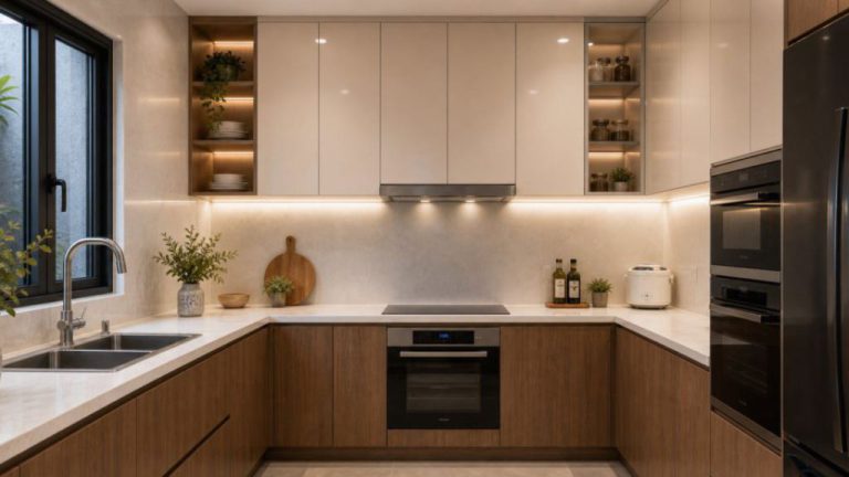 Sản xuất tủ bếp acrylic kết hợp laminate - tủ bếp acrylic laminate