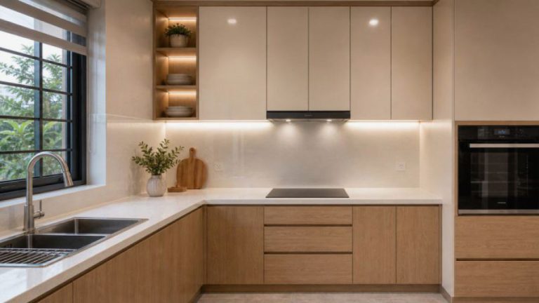 Sản xuất tủ bếp acrylic kết hợp laminate - tủ bếp acrylic laminate
