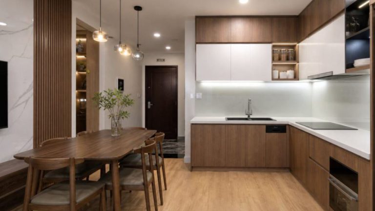Sản xuất tủ bếp acrylic kết hợp laminate - tủ bếp acrylic laminate
